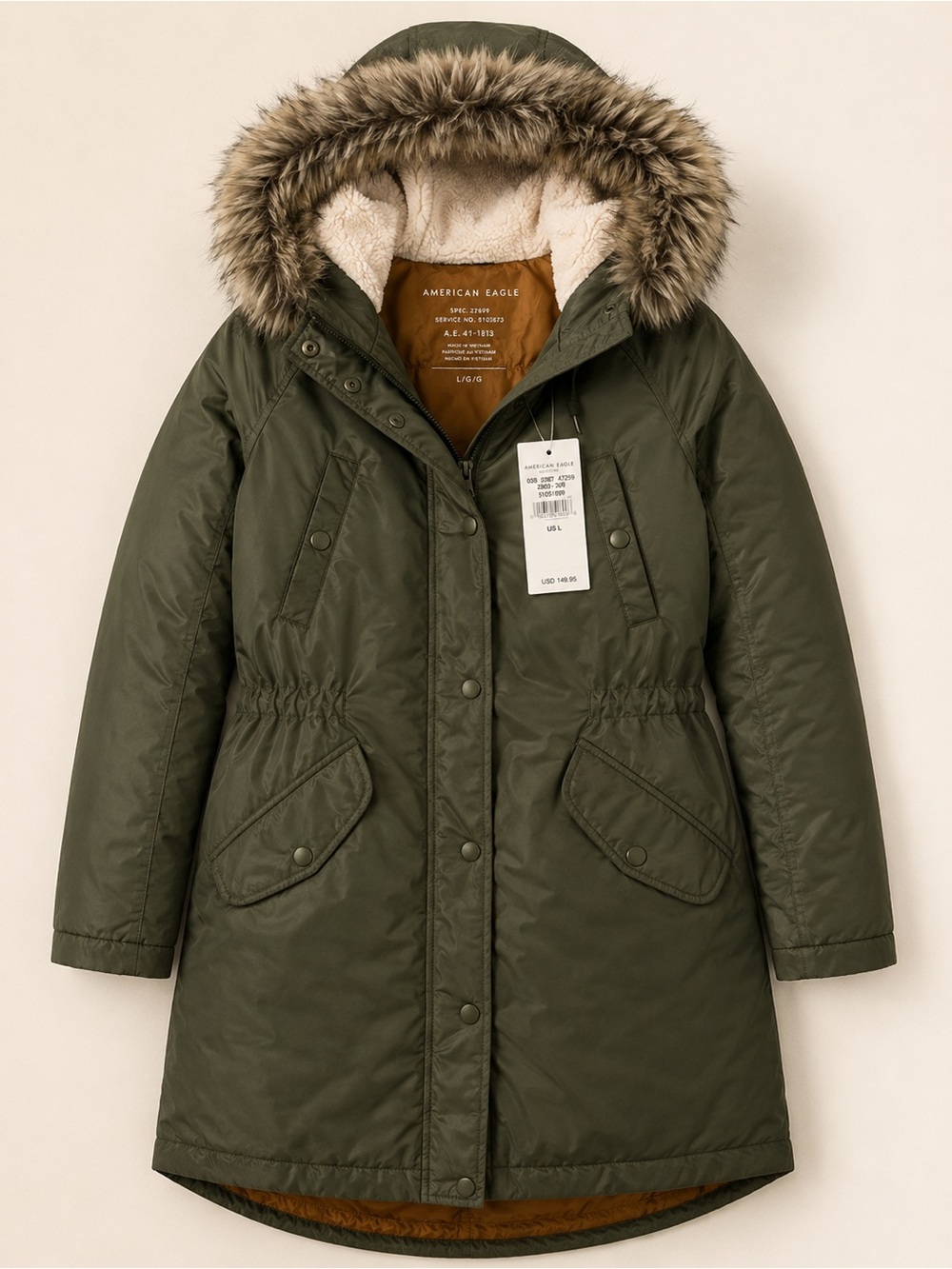 American Eagle Outfitters Olive Green Hooded Parka with Faux-Fur Trim